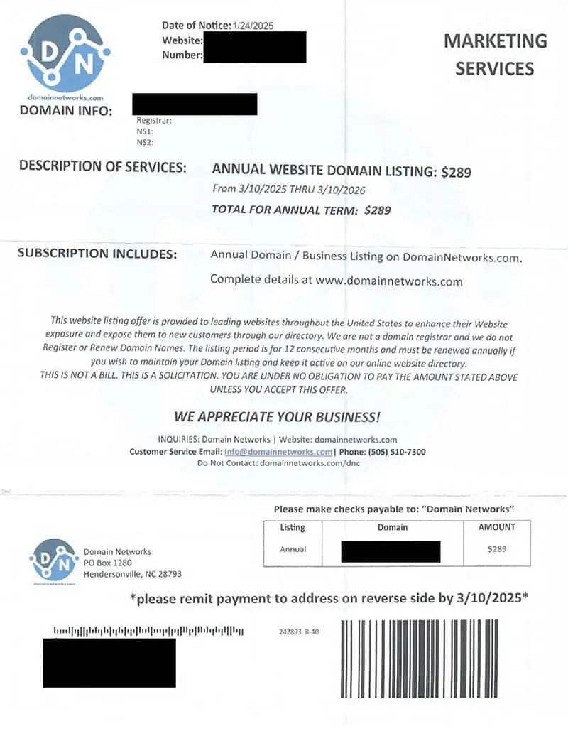An example of mailed phishing attempts to get you to move your domain name to them
