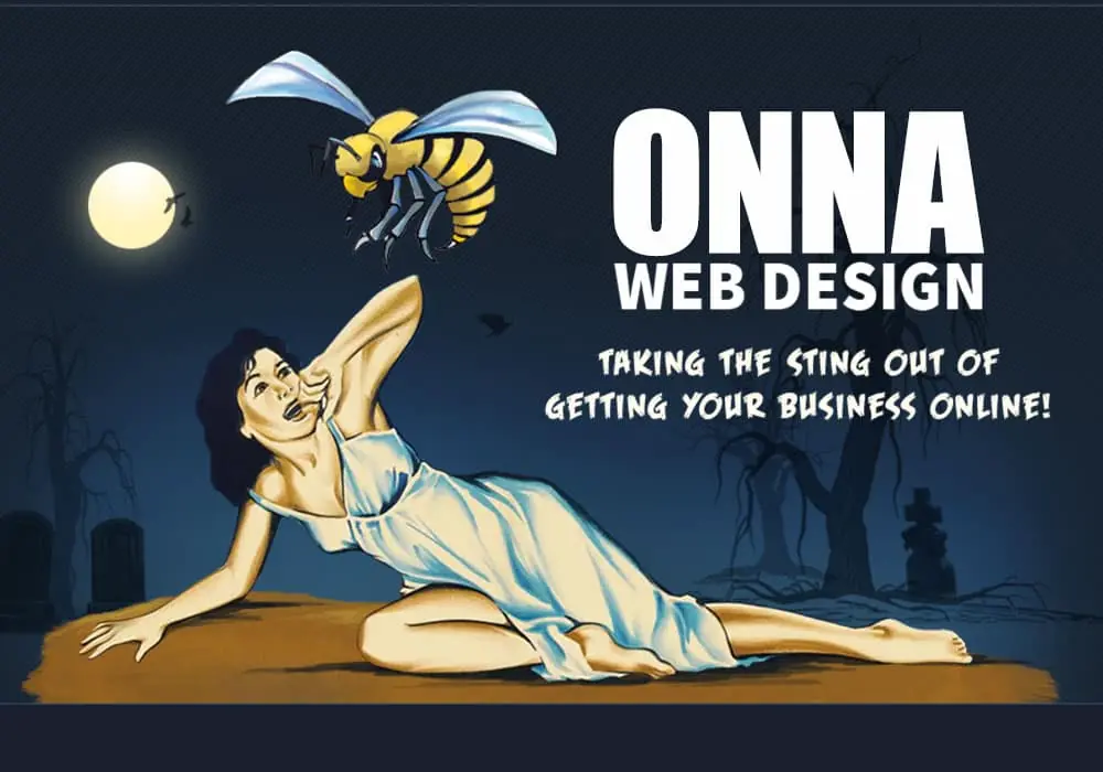 One of the old ONNA Web Design images with a woman lying in a graveyard with a huge hornet attacking her, done in a 1950's old poster style