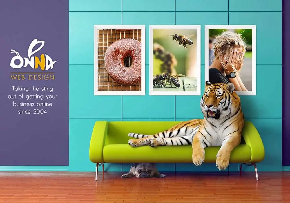 A made up image with a tiger laying on a green sofa in front of 3 pictures and a pug dog hiding underneath