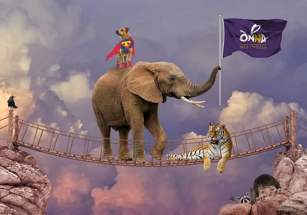 Made up image with a suspended bridge holding a tiger, an elephant, my dog Ted on top of the elephant, and me hiding behind some rocks