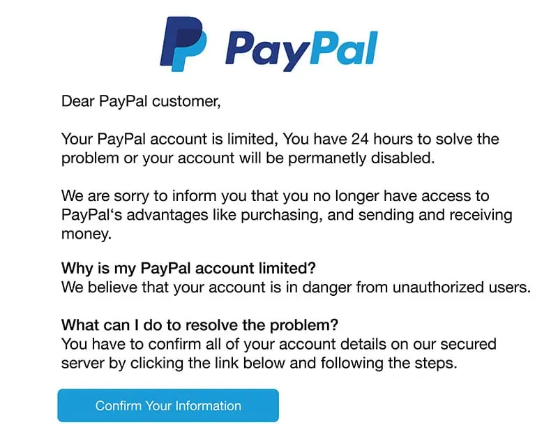 Example of a phishing email disguised as an account security notice