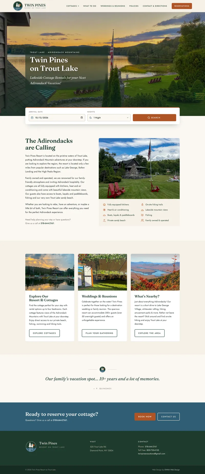 Screenshot of the Twin Pines Resort on Trout Lake website