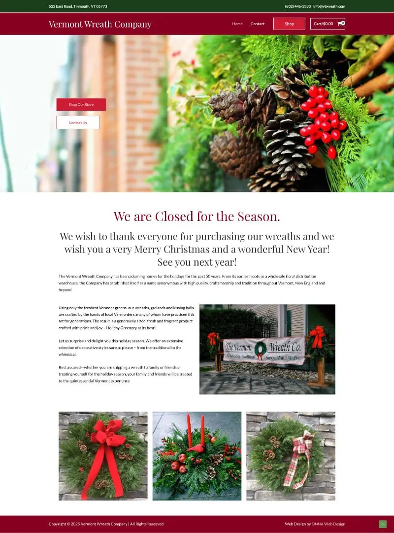 Screenshot of the Vermont Wreath Company's website