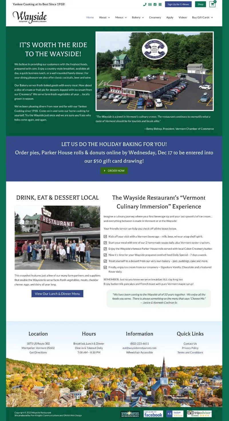 Screenshot of the Wayside's Restaurant website