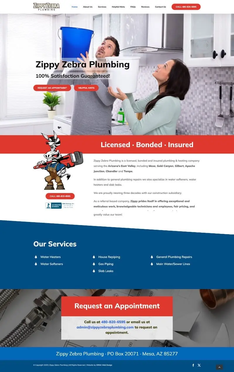 Screenshot of Zippy Zebra Plumbing's website
