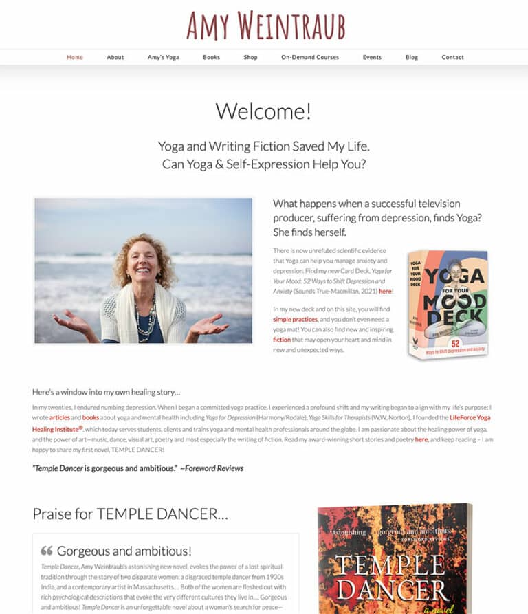 Screenshot of Amy Weintraub's website. Amy's book, Yoga for Depression, is a best seller