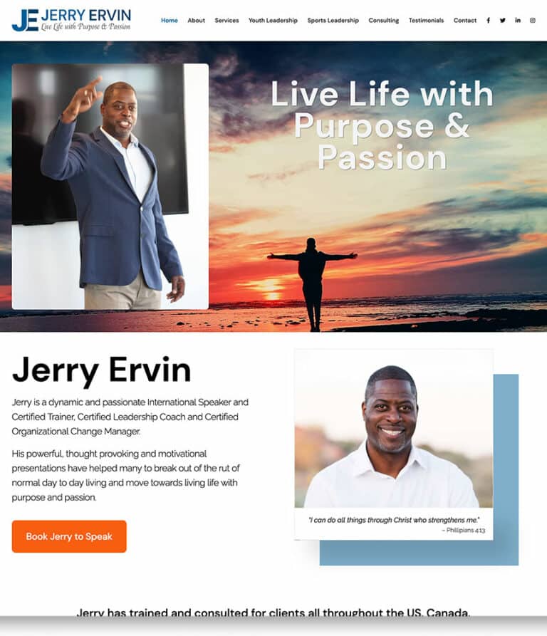 Screenshot of Jerry Ervin's website, who offers powerful, thought provoking and motivational presentations