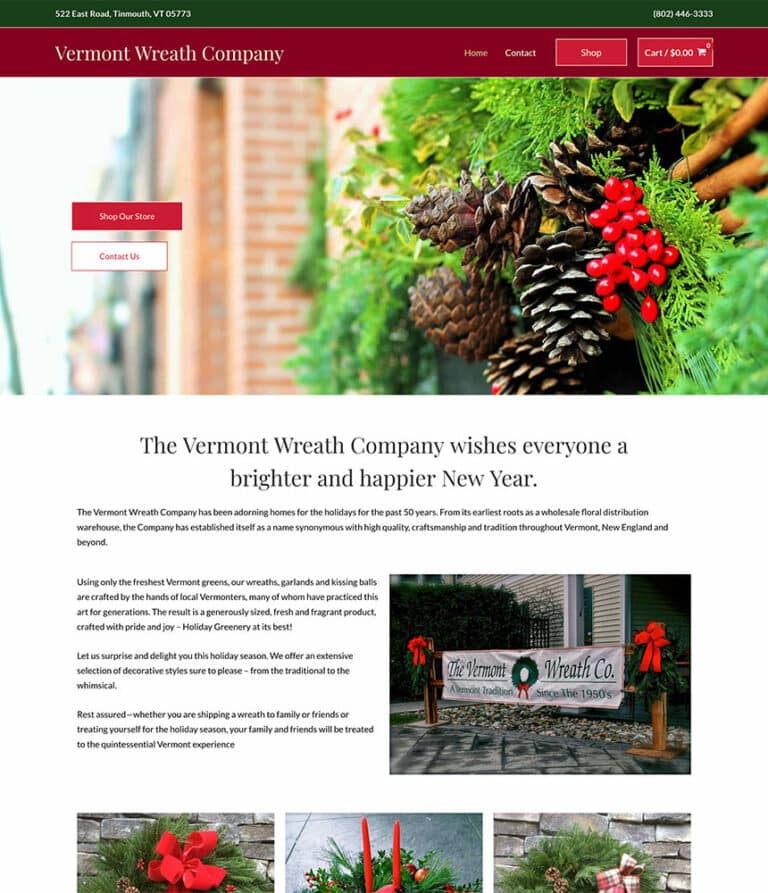Screenshot of Vermont Wreath Company website.