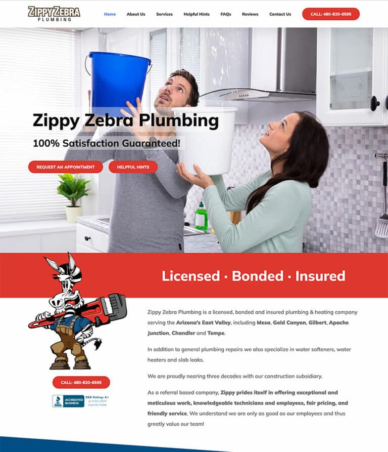 Screenshot of Zippy Zebra Plumbing's website.