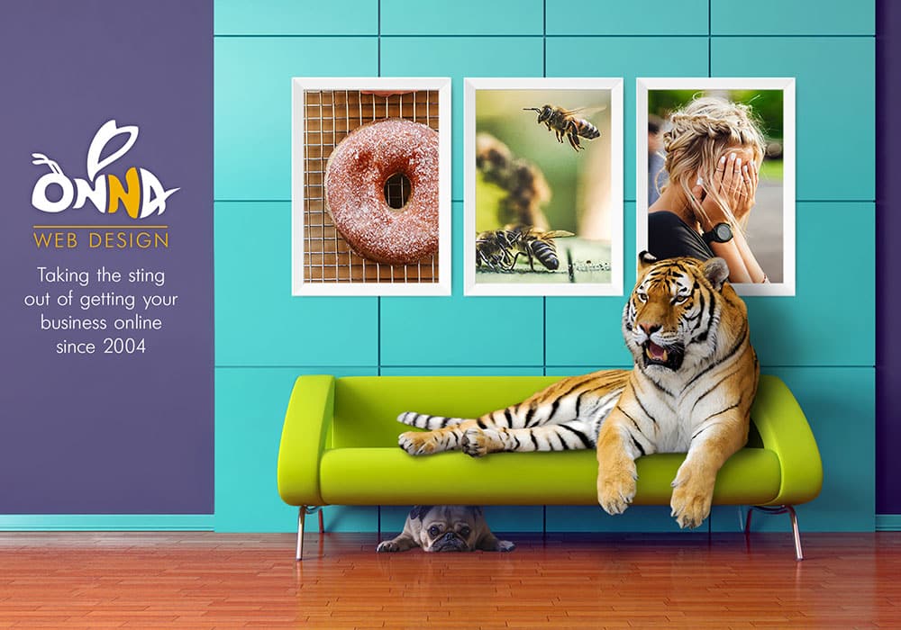 A made up image with a tiger laying on a green sofa in front of 3 pictures and a pug dog hiding underneath.