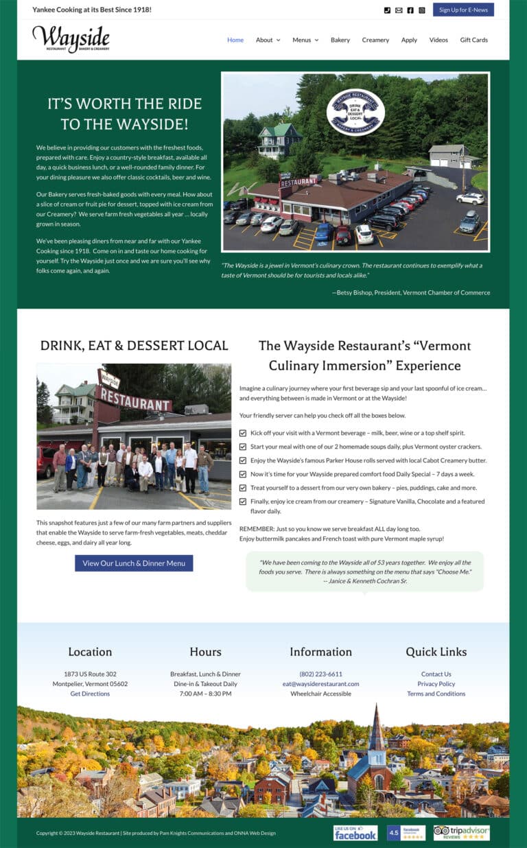 Screenshot of Wayside Restaurant website